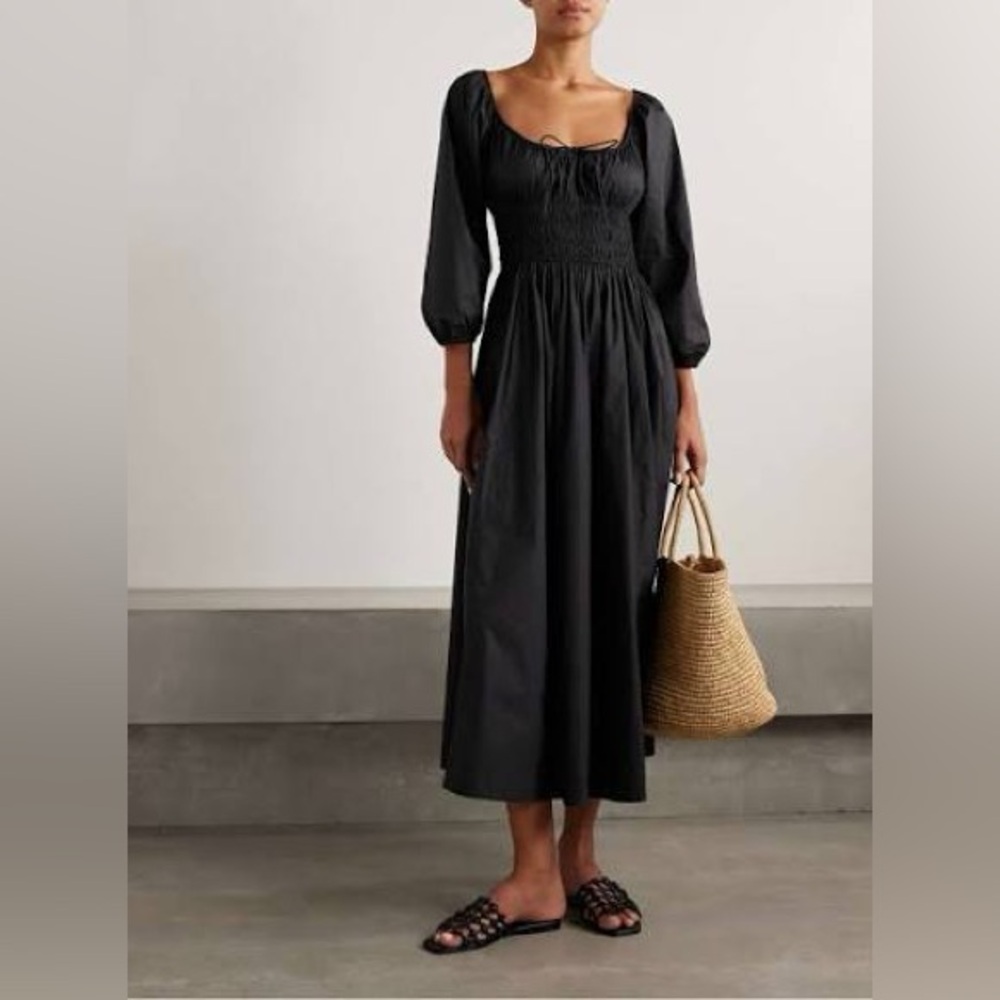 Doen Black Smocked Midi Dress with Puff Sleeves